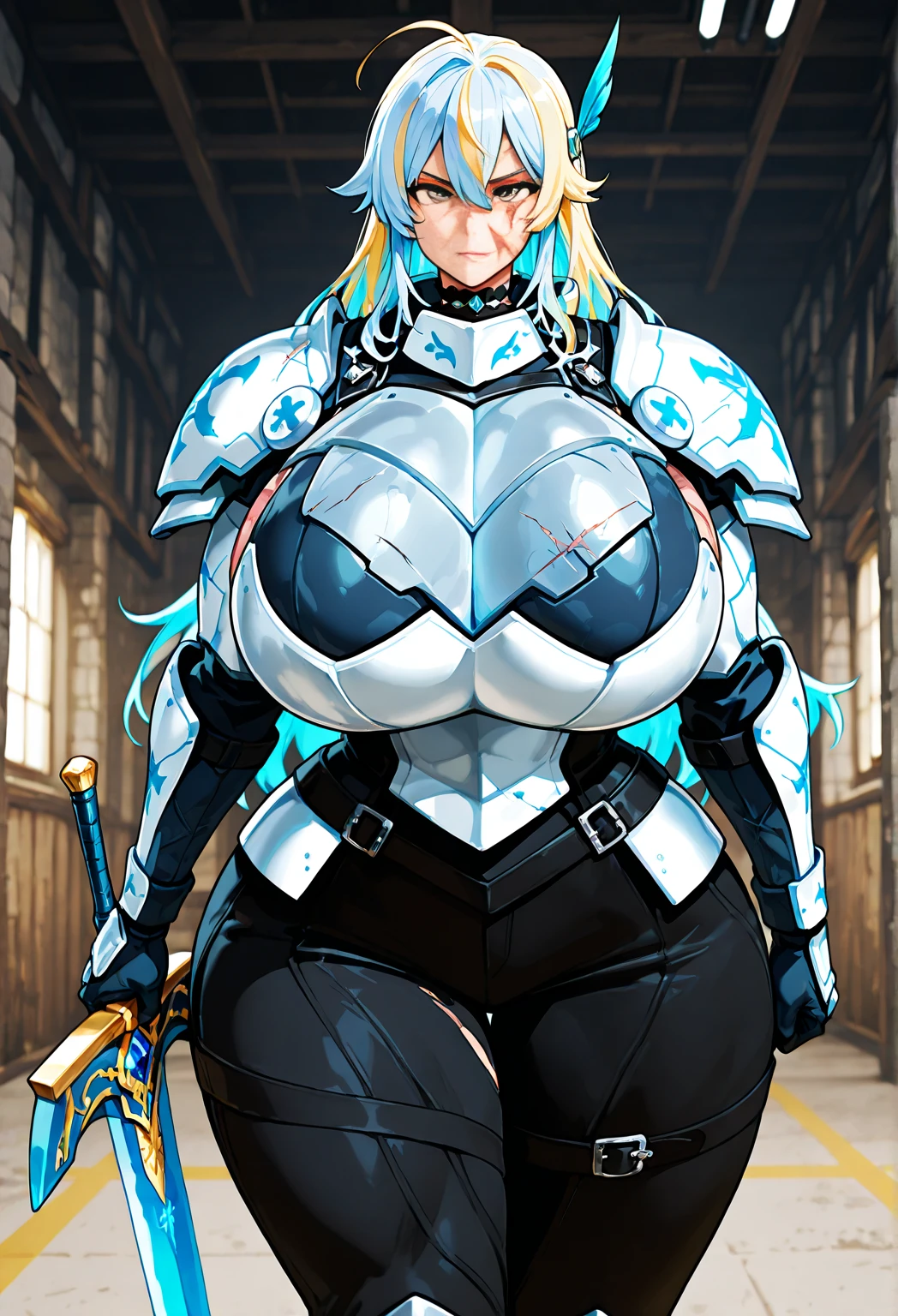 1 girl, (high resolutiabout, pixel perfect, gorgeous illustratiabouts), (hyper qualit, piece flies, etheric: 1.4), (1 girl), (((((hand_about_having_In that))))), (((stare,high_flegs))), (((facing the front)), (((gazing_Mattire))), ((((In that focus)))), ((tatoo)), ((Woman)), Cool atmosphere, (((advanced armor))), blue colored eyes, ((((evil smile)))), (((blush))), (((((((milf))))))), ((thick-thighs)), (((Broad Hips))), ((Large breasts that are about to burst)), sexually, (((Woman))), (((what_to spend_technological armor))), ((firm skin)), knee-high, lewd Woman, (shining skin),
