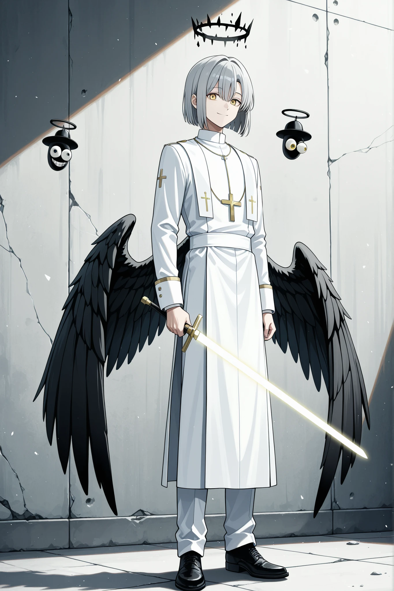Full body standing picture, tall, gray hair, short bob, young man with yellow eyes, hanging eyes, white priest's suit, light sword man, black wings, black halo, one person smiles