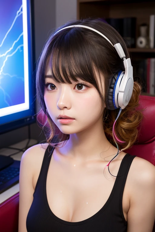 a girl with headphones on sitting on the ground, realistic