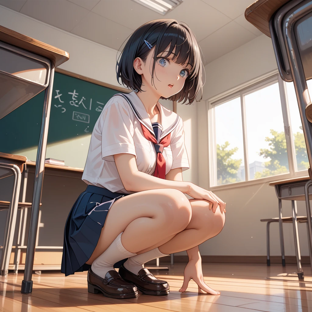 1 girl, 16 years old, Dynamic posing, dynamic angle, Arrange pose,Top quality work，Show Legs，(short black hair),(blue eyes), Rose cheeks, Pretty Face, A perfectly proportioned face, school shirt with red bow and black skirt, (school uniform), white stockings，in classroom，full-body view， amazing, Large round chest、Beautiful eye details、Beautiful eyelashes、beautiful double eyelid, with blush cheeks, talking to viewer