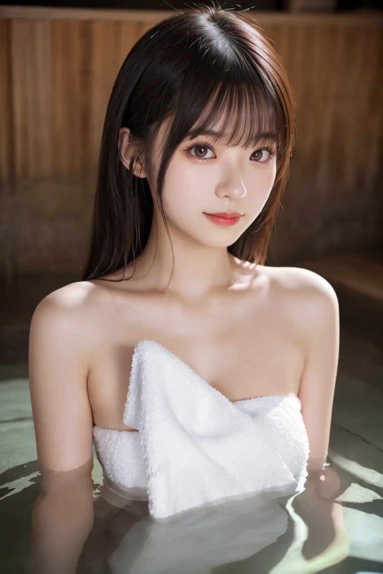 masterpiece, Best Quality, One girl, (a beauty Girl:1.3), (16 years old:1.3), Very fine eye definition, (Symmetrical eyes:1.3), (onsen), (nude, bath towel:1.2), beautiful breasts, Brown eyes, Parted bangs, Brown hair, (eyes and faces with detailed:1.1)