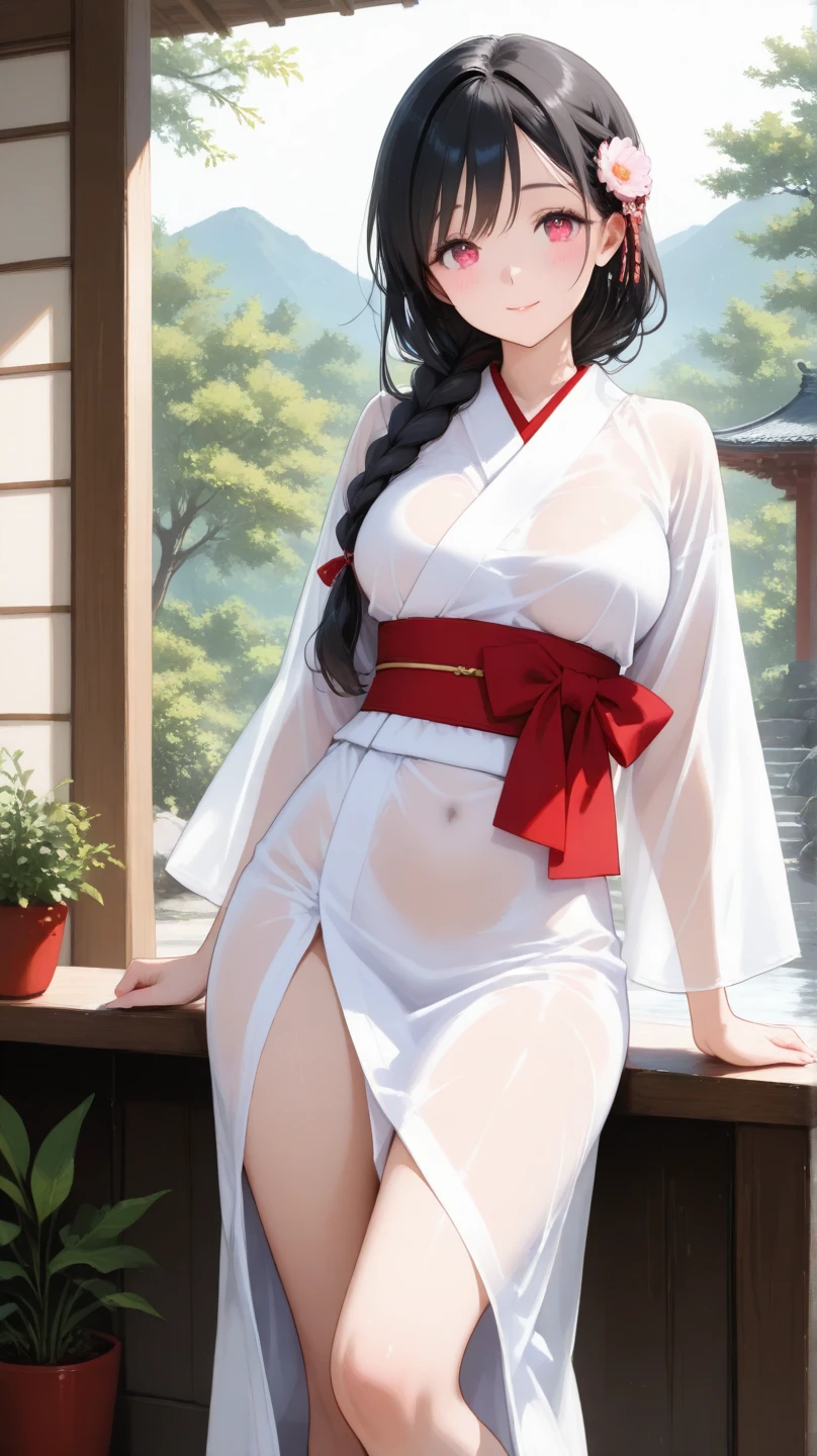 ((What to wear in summer、、A light cotton kimono to use as a bathrobe)),(bath robe),The clothes are fluffy,White panties,1girl in, Solo,(A MILF), (((maturefemale,Adult Woman))),masuter piece, of the highest quality, ultra-definition, max resolution, A highly detailed, Clean skin, Extremely sexy,Huge breasts,cleavage,blush,a sultry,thong,Japanese-style room,Play table tennis, Standing with open legs,Beautiful black hair,Charming rolling hills,no-bra