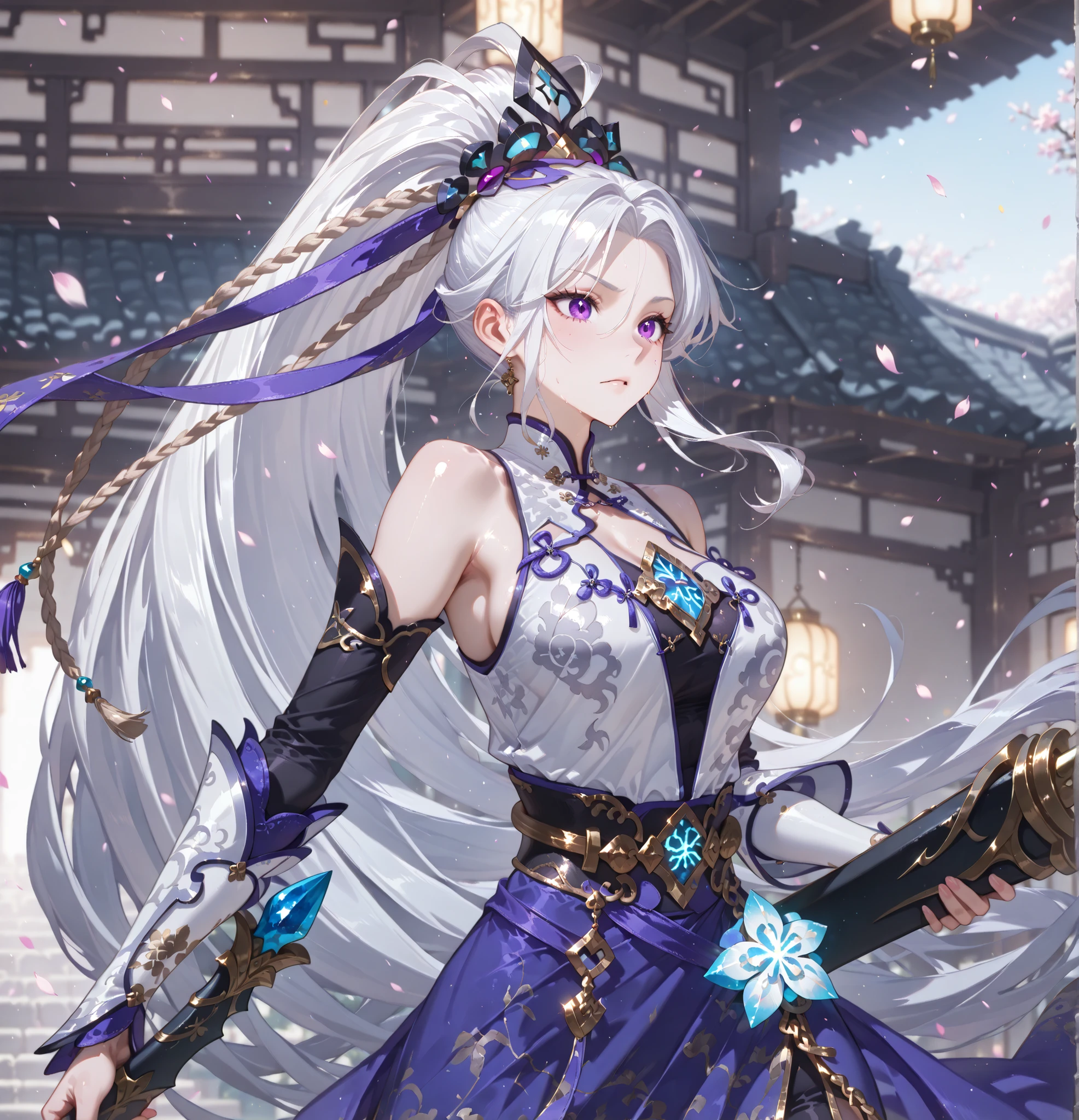 (SuperQuality:1.0) ~ (SuperQuality:1.2), detailxl, 1girl, High Resolution, Best Quality, High Details, Super Detailed, detailed background, white hair, purple eyes, hair ornament, ponytail, Chinese clothes, weapon,