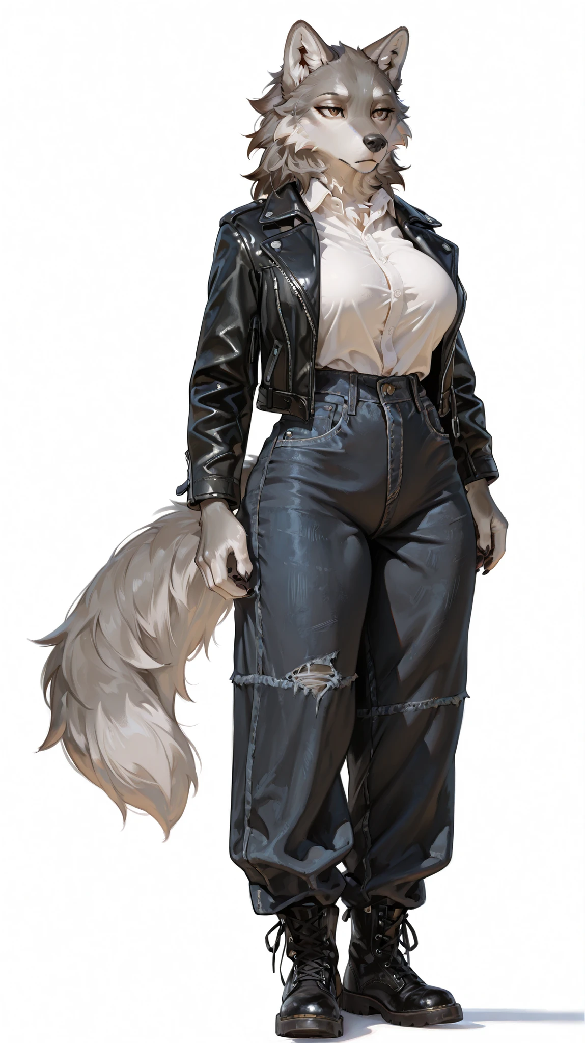 masterpiece, best quality, amazing quality, very aesthetic, high resolution, ultra-detailed, absurdres, newest, female, wolf, big breasts, brown eyes, gray fur, bored, paws, claws, fluffy tail, (black boots, baggy pants, black pants, denim pants), (tucked in top, collared shirt, white shirt, black jacket, leather jacket), paws, claws, full body, white background, BREAK, photorealistic details, volumetric lighting, thick thighs, wide hips, furry, anthro