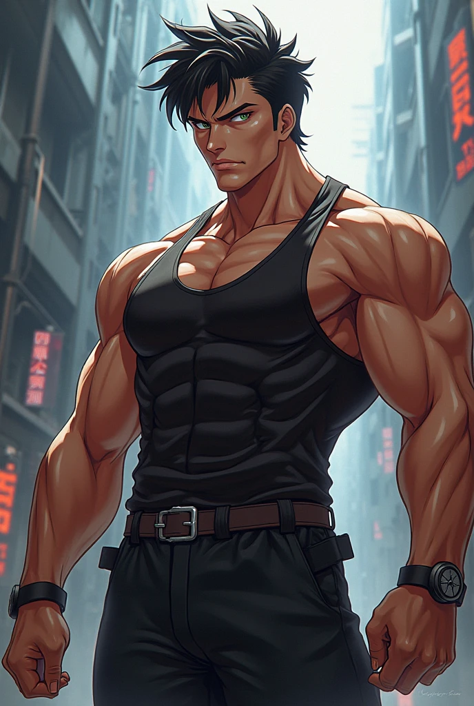 depth of field, cinematic lighting, motion blur, chromatic aberration, ray tracing, anime, 8k, super detail, best quality, 1080P, HD, 4K, 16k. Anime action hero, move poster scene, shirtless man, muscular