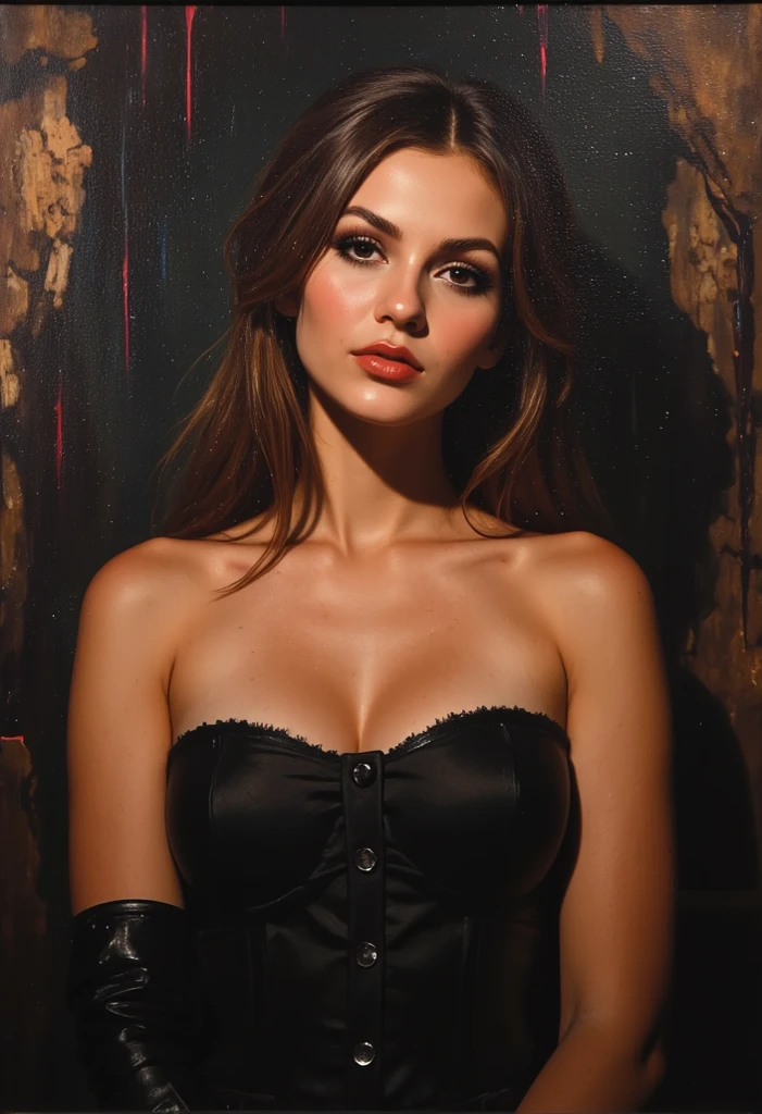 sexuell erregte Frau (Eva Mendes) wearing a black shirt and red lipstick poses for a photo, Hemd hat einen sehr tiefen Ausschnitt, Glamour Portrait, sultry expression, Frau, Sultry digital photography, inspiriert von Ellen von Unwerth, young woman, Epic and stylish portrait, sultry, beautiful full breasts, Seductive, voluptuous look, Frau will Sex, Begierde
