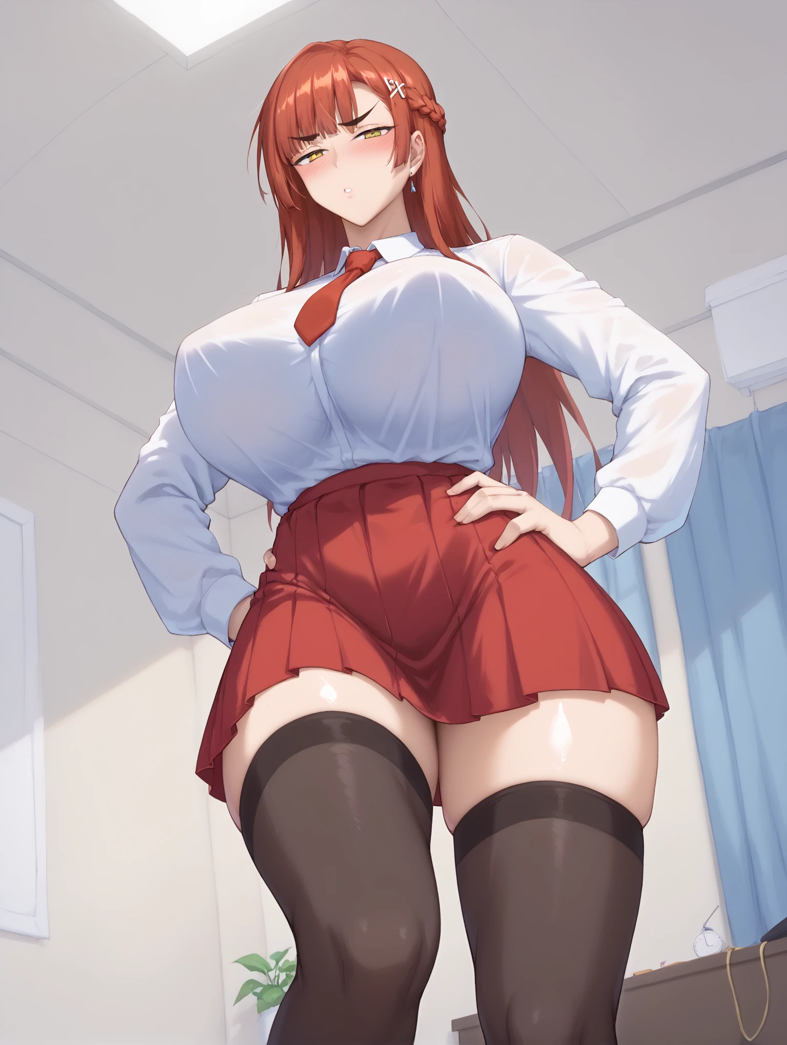 makima \(chainsaw man\), best quality, ultra detailed, 1girl, solo, standing, red hair, long braided hair, golden eyes, bangs, huge breasts, huge ass, huge thighs, narrow waist, wide hips, thick thighs, curvy, white shirt, wet shirt, see through shirt, necktie, stare, smile, looking at viewer, (interview:1.3),
