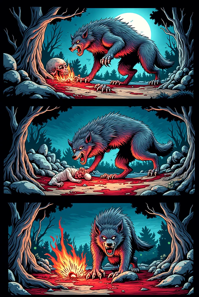 Split the werewolf meal image into cartoon frames with the background ...
