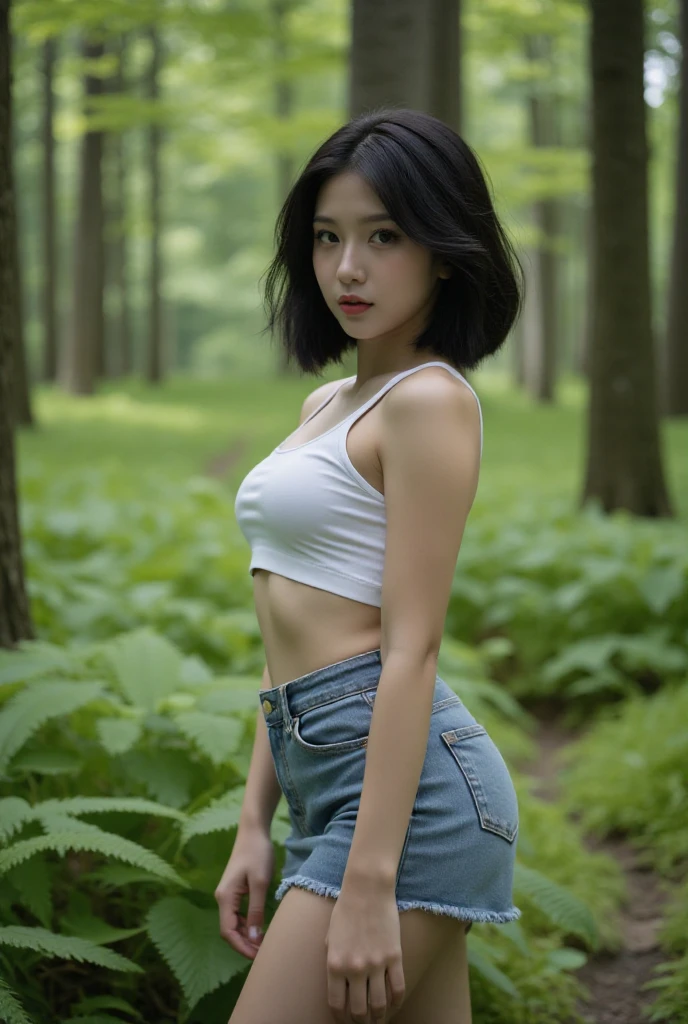 (8k, RAW photo, best quality, masterpiece:1.2), (realistic, photo-realistic:1.37), (aegyo sal:1), 1girl, crop top, thick thighs, cute, photon mapping, physically-based rendering