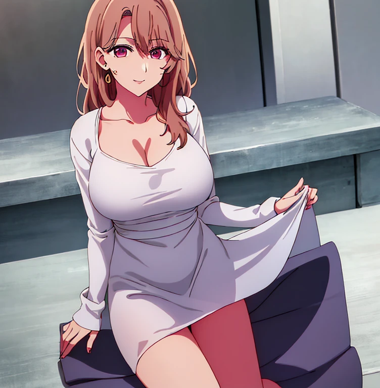1girl, alone, miyako saitou, red Playboy bunny outfit, cleavage, Playboy bunny ears, bare legs, full body, sitting on table, jewelry, collarbone, earrings, open_clothes, pink eyes, light brown hair, eyebrows_visible_through_hair, bangs, 1 girl, 20 years old, Young woman, Beautiful finger, Beautiful long legs, Beautiful body, Beautiful nose, Beautiful character design, perfect eyes, perfect face, expressive eyes, perfect balance, looking at viewer, (focusing on his face), mouth closed, (innocent_big_eyes:1.0), Light_Smile, official art, extremely detailed CG unity 8k wallpaper, perfect lighting, colorful, bright front lighting, shiny skin, (masterpiece: 1.0), (best_quality: 1.0), ultra-high resolution, 4K, ultra-detailed, photography, 8K, HDR, high resolution, absurdities:1.2, Kodak portra 400, film grain, blurred background, bokeh:1.2, lens flare, (vibrant_color:1.2), professional photography, (Beautiful, big_breasts: 1.4), (beautiful_face: 1.5), (narrow_waist), wide hips, medium thighs, full body excellent anatomy, excellent hands