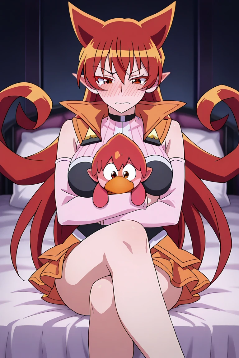 pov, akazutsumi_momoko, orange hair, pink vest, pink skirt, black fingerless gloves, young, cartoon, ribbon, long hair, missionary sex, lost eyes, hands on face, belt, shoes, smile, half-closed eyes, soles