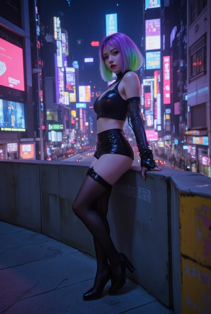 Cyberpunk-style pole dancer、Dancing while holding onto a pole。