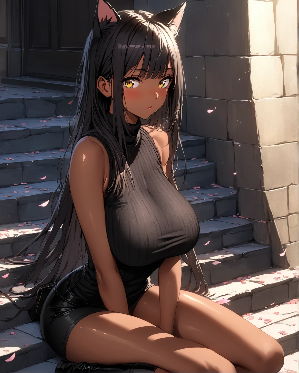 a woman wearing a Tifa Lockhart outfit, on a porch of a house, big breast, smiles
