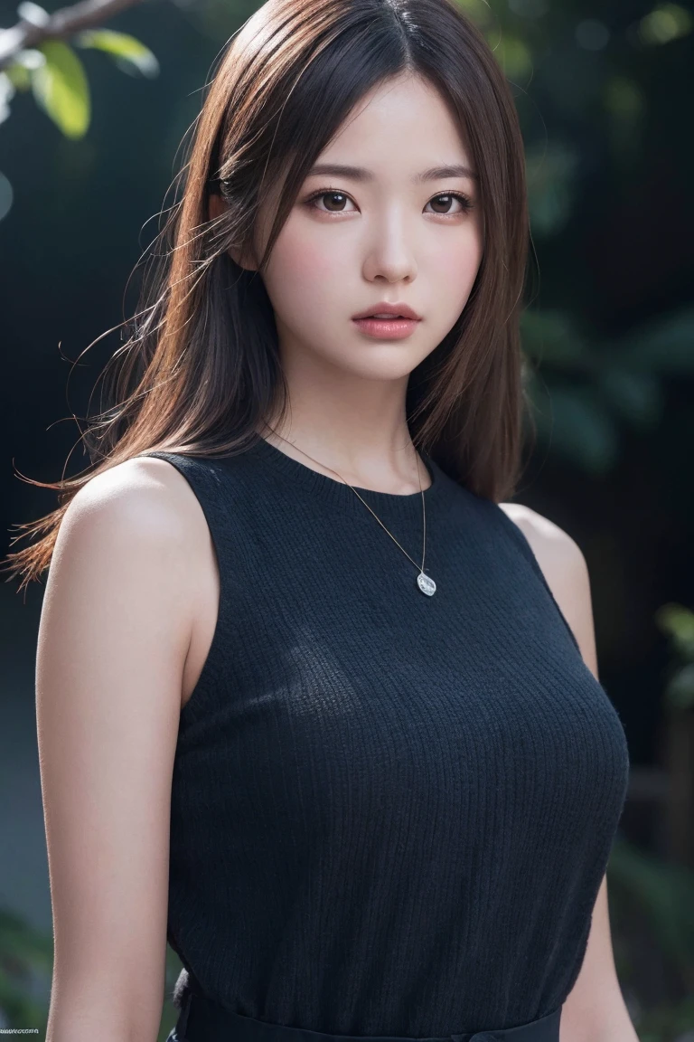 table top, highest quality, Photoreal, finely, High resolution, 8k wallpaper, perfect dynamic composition, beautiful and detailed eyes, medium hair, big and full breasts, random sexy pose,chest to chest、(Mock Neck Crop Tank Top Black Knitwear)、(Breast bulge 1.2)、laughter、open your mouth、resort scenery、23 years old、(droopy eyes 1.4)、Adult beauty、Japanese