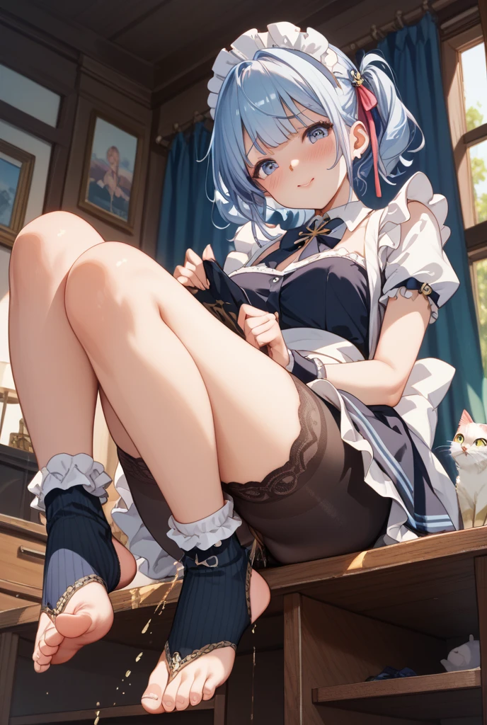 Panties in full view、White garter belt、Crouching pose、Composition from the front、jitome、Blue Eyes、Light blue tail、Thin legs、Small waist、Black maid outfit、Long Skirt、Light blue hair、short hair、Animal ears、Don't expose your shoulders、Slender figure、Small breasts、Dim background