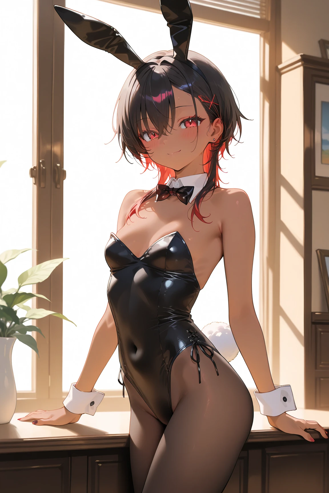 Erica、Pokémon、Black Hair、Short Hair、((pantyhose))、Photo from below、Medium chest、Bedroom、One girl、Bunny Ears、Red ribbon on head、((Bunny girl))、(leotard)、
