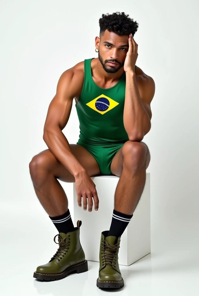 MAN, BRAZIL, REPRESENTATION, BRAZILIAN FLAG, SWIMWEAR, SEXY, INDIGENOUS TRAITS, BRUNETTE, REPRESENTATION BRAZILIAN MAN, 8K, INTRICATE DETAILS, PROFESSIONAL LIGHTING, BEST QUALITY --auto --s2