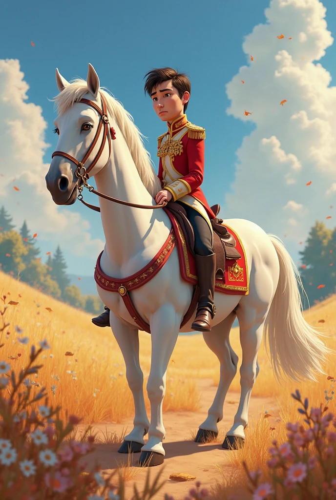 Take the picture of a boy riding a horse with a white horse and sunflower on his back, and the boy smiling with open arms