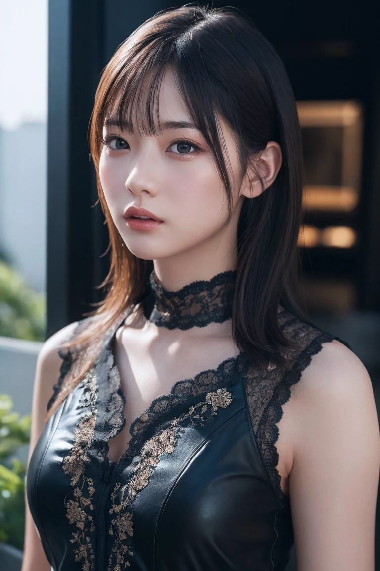 (Ultra Realistic), (Illustration), (Increased Resolution), (8K), (Extremely Detailed), (Best Illustration), (Beautiful and Detailed Eyes), (Best Quality), (Ultra Detailed), (Masterpiece ), ( wallpaper), (detailed face), solo, 1 girl, looking at viewer, fine details, detailed face, in the dark, deep shadows, low key, pureerosfaceace_v1, smiling, long hair, black shawl straight hair , 46 points oblique bangs