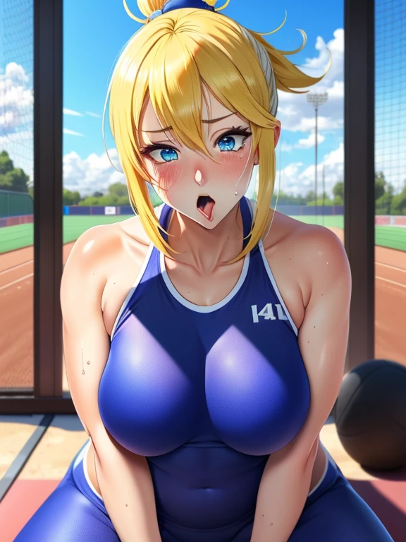 (NSFW)、(POV、oral sex)、(fellatio)、8K、Highest image quality、cheerleader、(Detailed facial depiction、Huge breasts that are about to explode)、(blonde、pixie cut、、blue eyes)、(Blue sky、athletics stadium)、A smile that makes viewers feel safe、the best beauty、super cute、glamorous、erotic、Precure