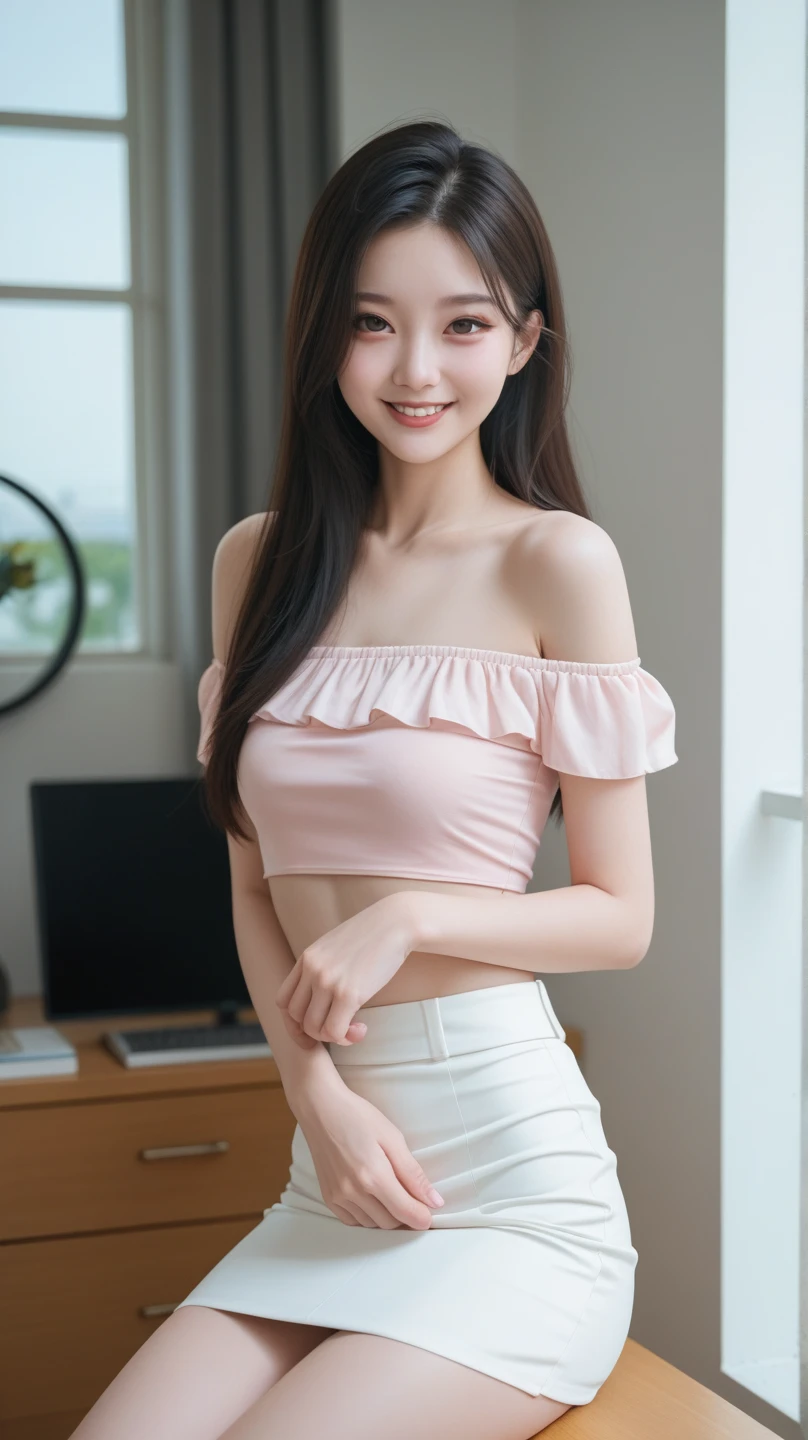 Front Angle, (8K, best quality, masterpiece:1.2), (Practical, photo-Practical:1.37), Extremely detailed, 1 girl, Looking at the audience, Beautiful and detailed sky, Detailed café street, sit, full_Body, Small head, Smile，Exquisite necklace, beautiful legs:1.2, Long legs:1.2, Slender legs, High heel:1.3, White socks:1.4, Large Breasts, High waist, Willow Waist, Off-shoulder, belt, Short bottoms, Beautiful and delicate eyes, daytime, Warm colors, White lace, (Long hair:1.4), 银色中Long hair, White skin, light, Street Lights, (Tea table:1), (handbag:1), ulzzang-6500-v1.1:0.66