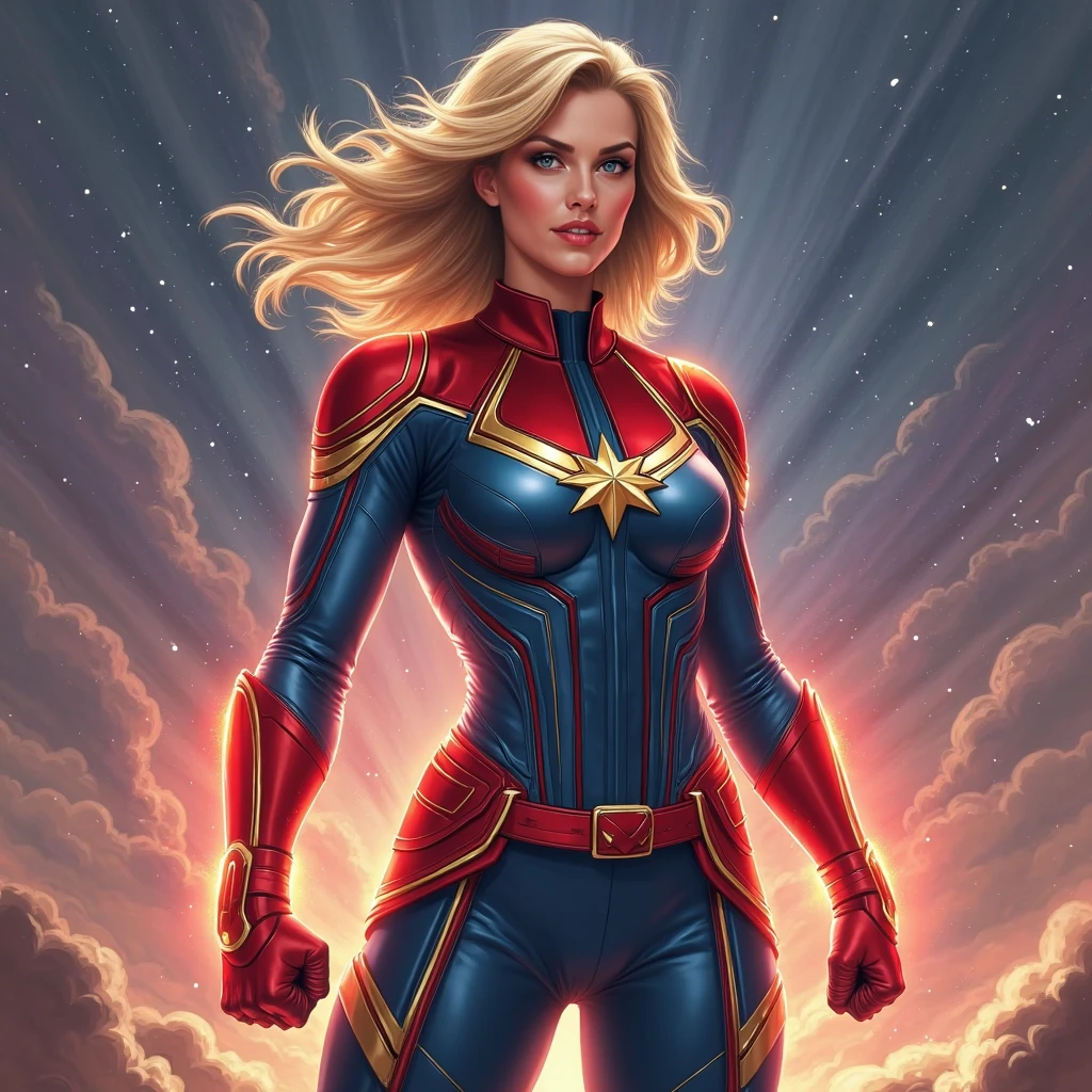 score_9, score_8_up, score_7_up, BREAK, score_9, carol_danvers, blonde hair, medium hair, blue eyes, bodysuit, star logo, red gloves, red belt, long hair, looking at viewer, cowboy shot, ass, from behind, sky