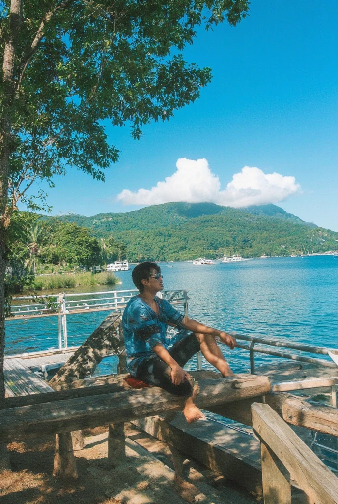 ((best quality)), 1. there is a man sitting on a tree stump on the beach, sitting on the beach, sitting on the beach, in a seaside environment, relaxing on the beach, relaxing on the beach, on a tropical beach, on the beach, posing on the beach with the ocean, standing on the beach, on the beach, relax. good view. 2. there is a man sitting on a tree stump by the beach, photo of Abidin Dino, Instagram, Sumatra, sitting on the beach, sitting on the beach, in a beachside environment, relaxing on the beach, relaxing on the beach, on the beach tropical, on the beach, posing on the beach with the ocean.