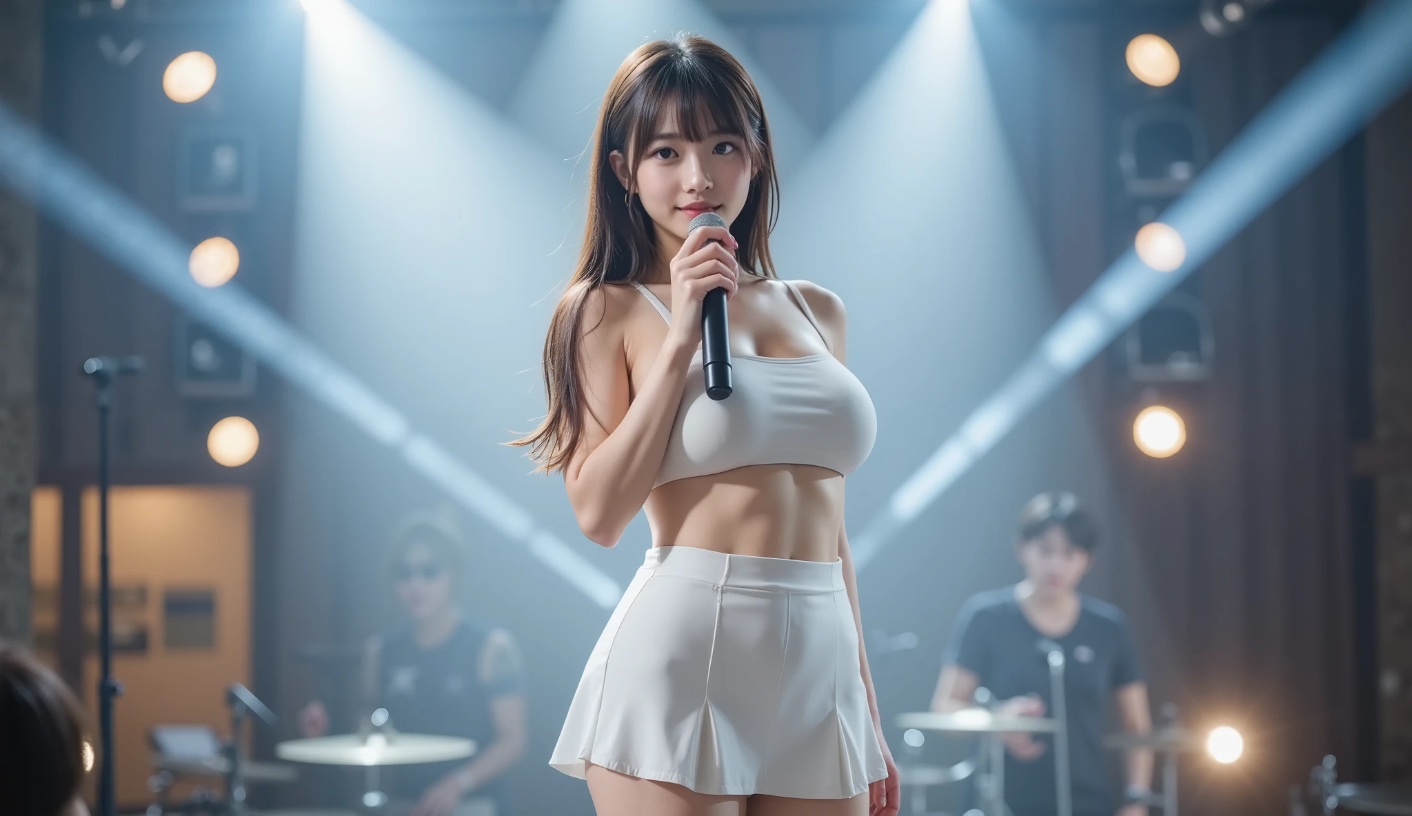 (RAW Photos、Highest quality)、(Realistic、Photorealistic:1.3)、Highest quality、masterpiece、Very delicate and beautiful、A hVery detailed、Hmph、Sense of unity、2k wallpaper、growing up、Beautiful in every detail、masterpiece、light smile、Highest quality、HVery detailed ticker Unity 8K wallpapers、Large file size、super detailed、High resolution、Very detailed、((Euphoric look))、((orgasm:1.2))、((smile:1.15))、((sweating:1.4))、((A thin white T-shirt、hot pants))、See-through panties and nipples、Protruding nipples、((Voluptuous bust)),Very cute girl、teenager、Part of an idol group、(((At a concert「ザ☆ピ〜s!」Dancing)))、(Spread your legs wide), (Pull your hips back), (Warp your upper body), Place your left hand on your hip.、The right hand salutes with two fingers、Hair is moving、(Concert lighting enhances the atmosphere)、A large number of people、S Spot Light、Professional Lighting、Cinematic Light、3D、Audience'Perspective、