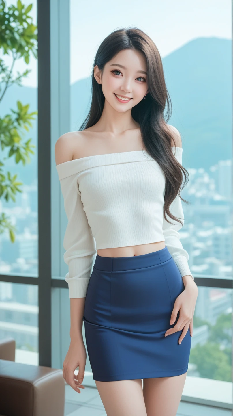 A girl around 31 years old，simplicity，Extremely beautiful and delicate，(light make-up)，black color hair，A sweet smile，Delicate and beautiful fair skin，Realistic and realistic，exquisite and complete facial features，Detailed depiction of the face，tall nose bridge，Red lips，Beautiful, gentle and beautiful girl，Smooth hair，Extremely delicate hair，Feminine temperament，Fill your face light，hyper realisitc，photorealestic，8K quality，extremy detailed，Realistic details，Works of masters，Realistic to the extreme，big breasts body，Beautiful，Pure desire，Stunning beauty，Peerless beauty，Highest image quality，8K分辨率，goddes，ssmile，Fine facial features，Hair over the shoulder，A brown-haired，Large long thick legs，(((High-waisted French top)))，(((short  skirt)))，rays of sunshine，facing at camera，The body is well-proportioned and firm，Gentle eyes，exposing thighs，stand posture，Stand inside the mall，Full body photo