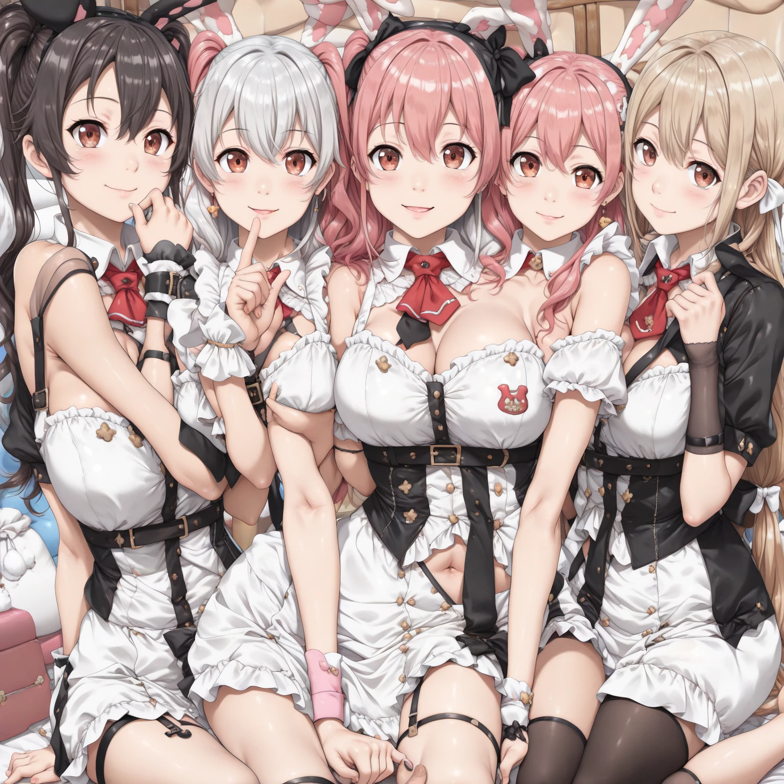 paizuri, 5girls, , pov, twintails, wavy hair, ponytail, , paizuri, penis between the breast, , paizuri, bunny outfit, bunny girl club, watching, cleavage, beautiful breasts, wet penis, room, bunny costume, , side boob, pubic hair, different facial expressions, fishnet, night, bunny pose, nipples slip, comedy, happy, grabbed