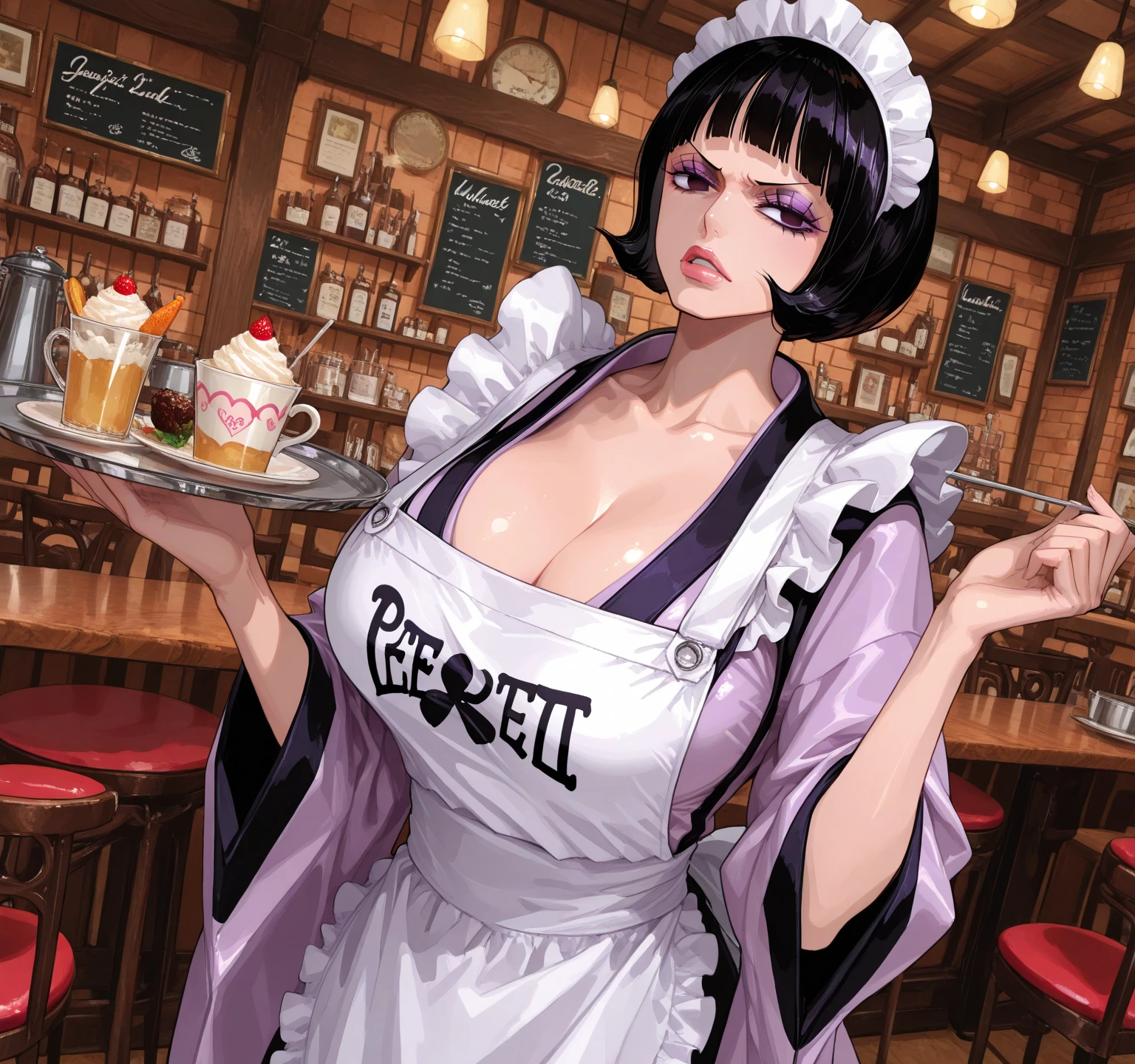 space helmet, ahegao, very short hair, eva helm, bondage, misato katsuragi,(purple hair:1.2),, bodysuit, latex, (top-quality、in 8K、32K、masterpiece、nffsw、超A high resolution、Impresionismo、Photorealsitic:1.2)、cowboy shot、sharp focus、detailed faces and eyes、(There is a plate of cake and coffee on the table, cafes, sitting on a mocha-colored table, dessert, Miniature Cafe Diorama, diner caffee, in coffee shop, cozy cafe background, enjoying coffee at a coffee shop, sitting in a cafe, shot with sony alpha 1 camera, 、Sharp pupils、Realistic pupils、beauitful face、18 year old beautiful girl、shinny skin、Medium Short、