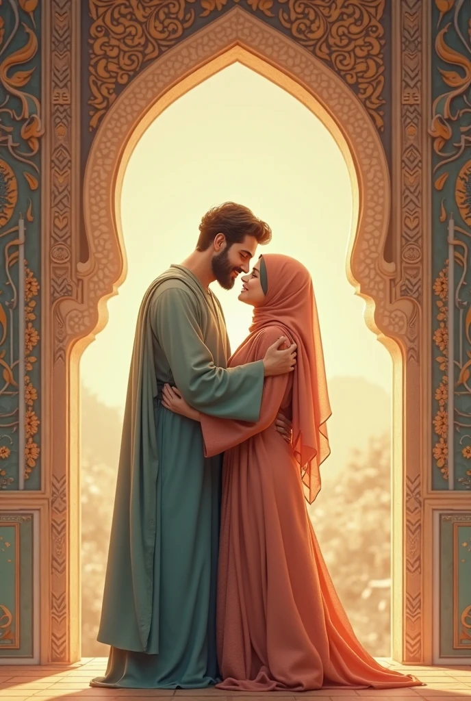 Generate a girl in hijaab playing with her husband in courtyard
