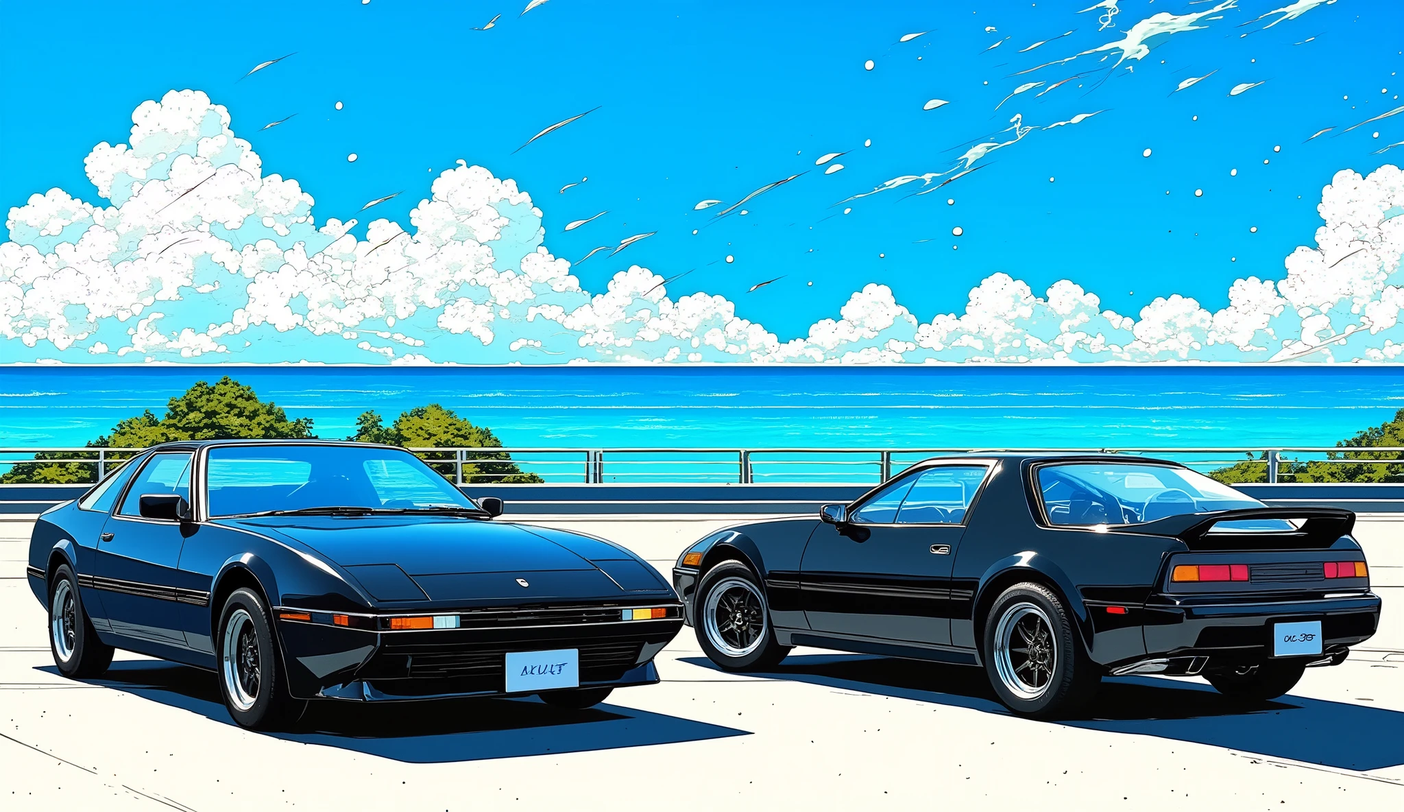 in the morning、Blue Sky、coastal parking lot、1980s、black supra、3000GT、Gloss