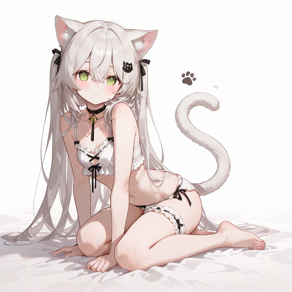 Top quality, super high resolution, beautiful eyes, gray_beige_hair, cat ears (gray beige), cat tail (gray beige),garter_straps garter_belt, thighhighs, cleavage, {{{underwear only}}}, {{{bow bra(Almost white pink)}}},{{{bow panties(Almost white pink)}}}, a choker, {embarrassed},on bed,wariza,yokozuwari,hand between legs,sitting,