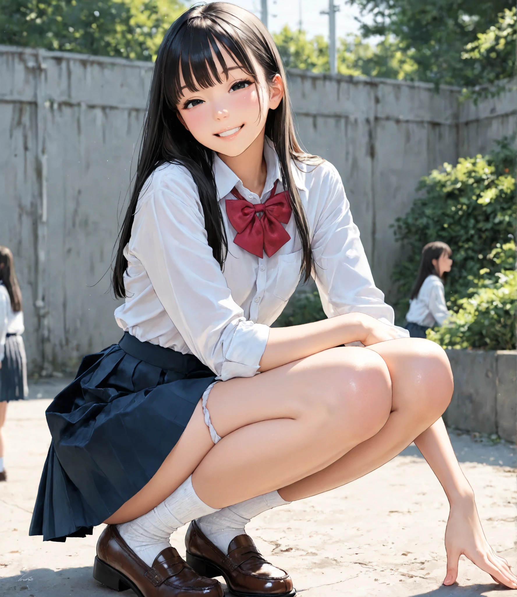 Pure Japanese school girl, sexual attractive, sweet temptation, outstanding body, beautiful legs, wearing uniform, black color high socks, loafers, panty, natural long hair, sweet smile, sitting, refreshing in early summer, outdoor, professional portrait photography, composition from the front,