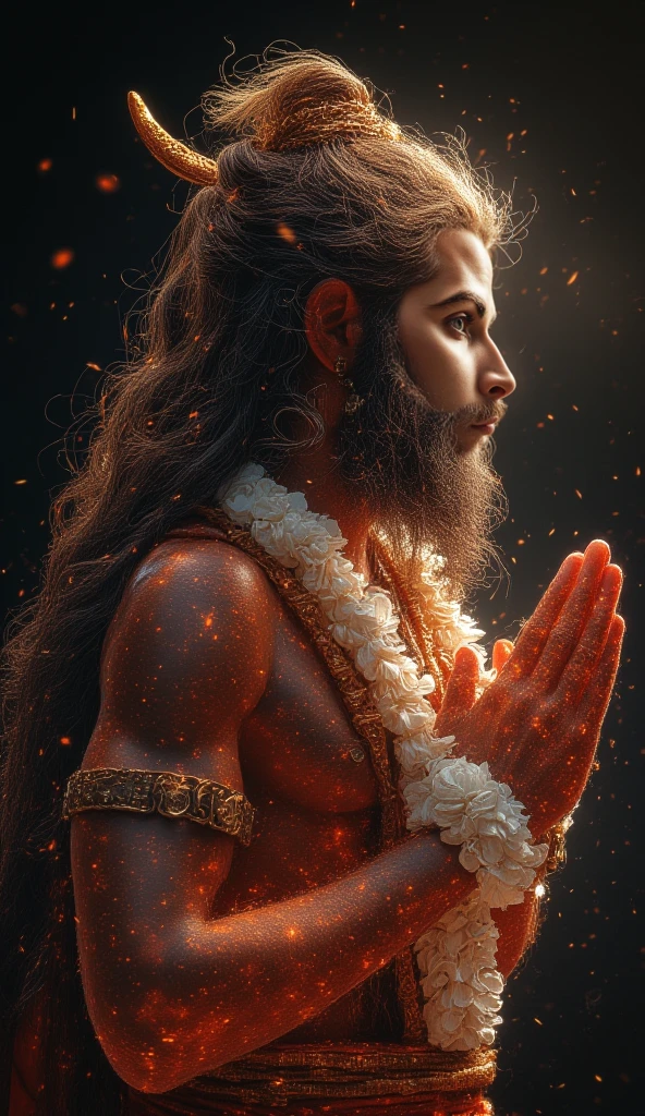 Create a high quality image of Hindus dieties which is Hanumanji and he has monkey face good looking and wear a rudraksh in his neck and in the position of worshipping and he has six pack and showing his six pack and the background is divine atmosphere and nano light in the background