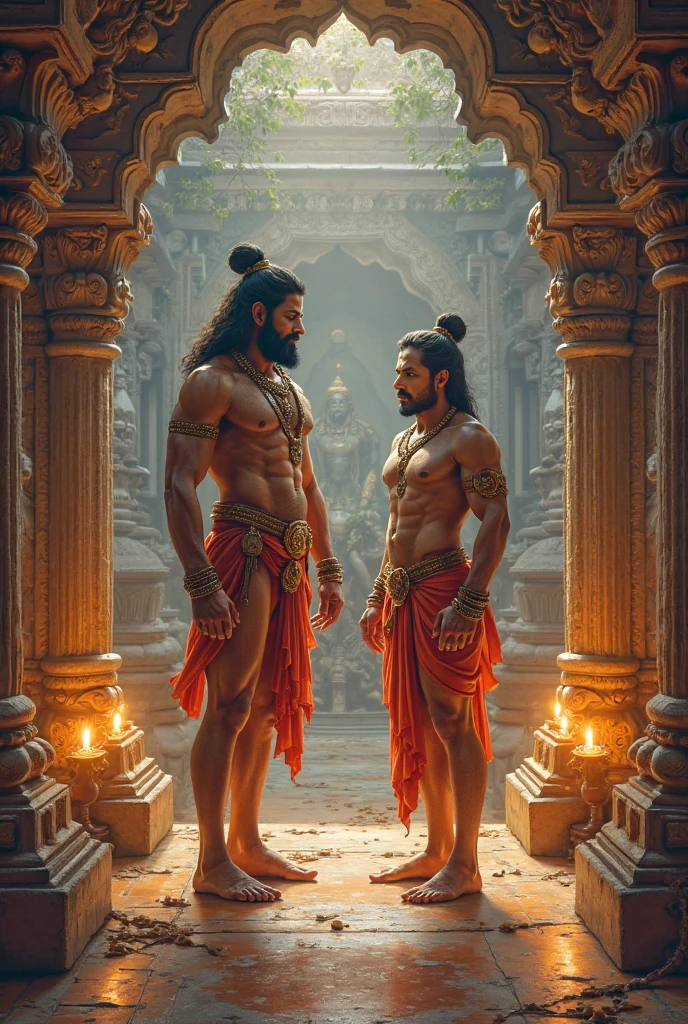 A man of Hindu religion with Bajrangbali standing and holding a saffron flag in his hand