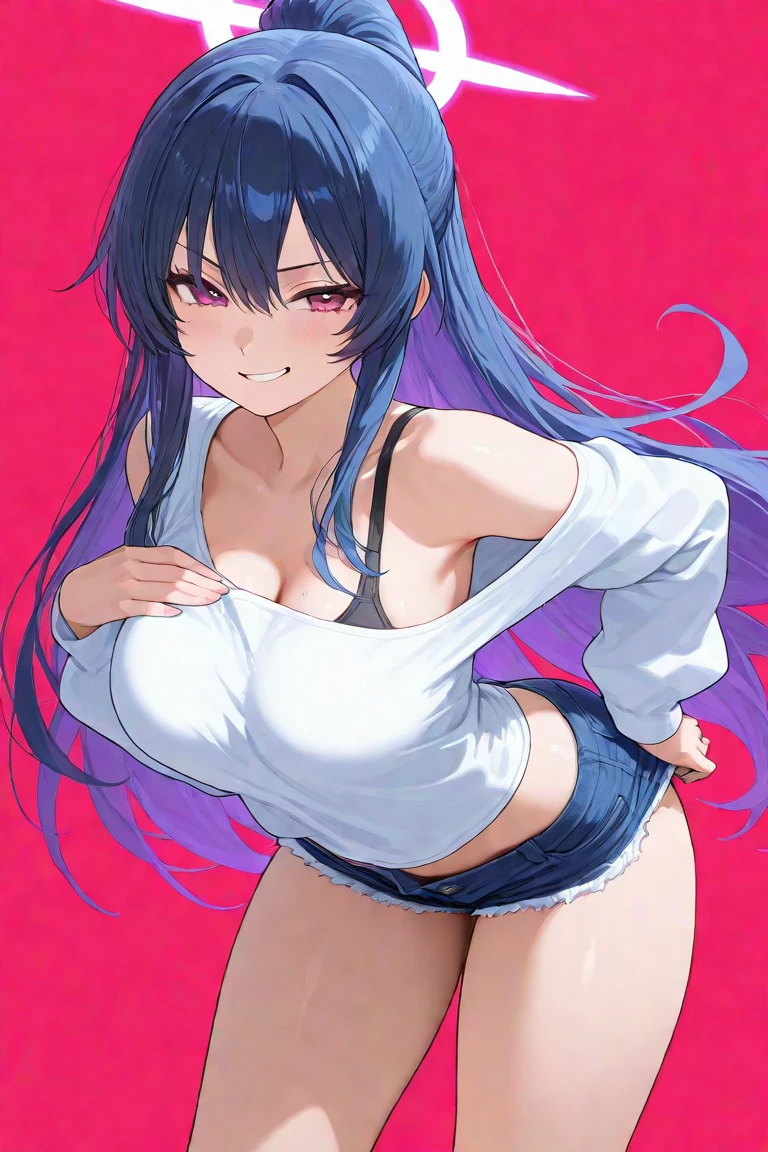 Alear, Cute, Smiling, huge breasts, two arms, outside, night time, starry sky, cold, snowy, heterochromia, red eye, blue eye, cross eyed, running, blushing, flushed, embarrassed, gym shorts, white tank top, clothes too body, thick thighs, big ass, belly button, panties, underboob, shiny skin, ponytail, loose clothing, see through shirt, no bra, leaning forward, stripping,