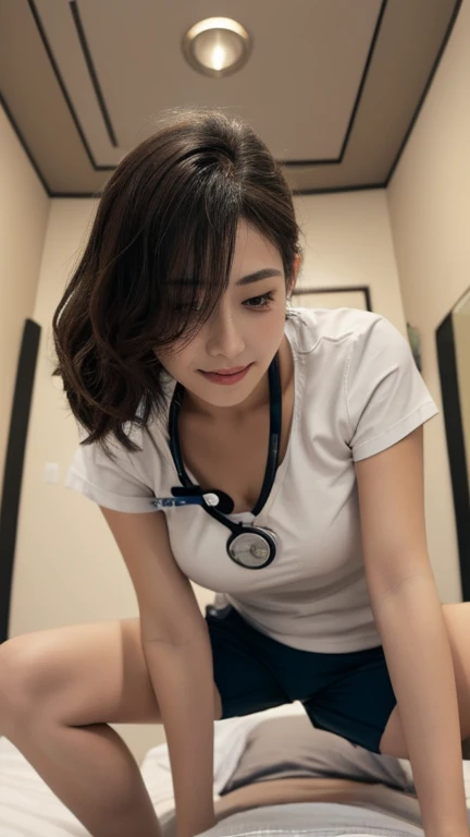 (((HD photo))), ultra high res.photorealistic:. 1.4, UHD, masterpiece, trending on artstation, portrait, full body shot, 1girl, pretty, cute face, most beautiful in the world, cleavage, soft, delicate, (medium red hair), perfect figure, (wearing white doctor uniform:1.2), leaning over, holding stethoscope:1.4, medical fetish, examination, sunkissed, hospital ward background, sfw