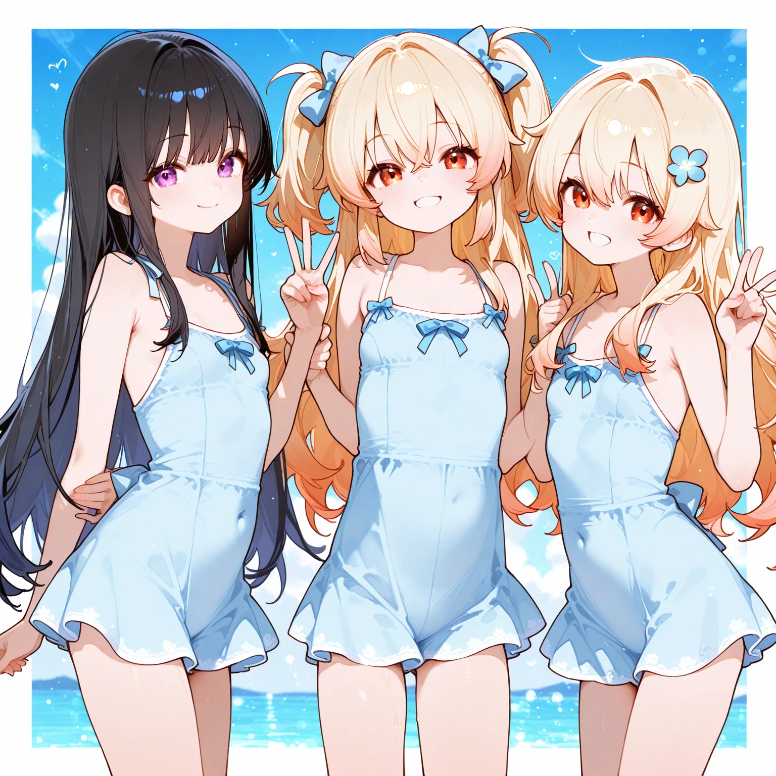 (large breasts:1.5),toddler girl,lchibi,2girls,long blonde hair tied with a string,navy blue swimsuit,beach,standing,laughing