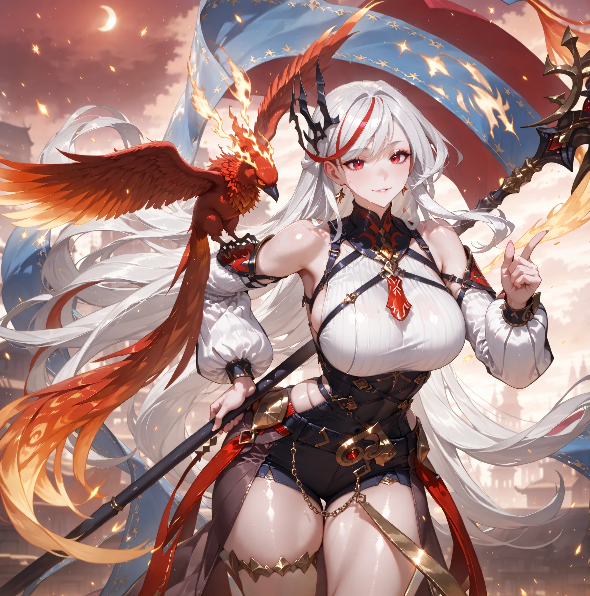 (SuperQuality:1.0) ~ (SuperQuality:1.2), detailxl, 1girl, High Resolution, Best Quality, High Details, Super Detailed, detailed background, white hair, red streaked hair, red eyes, long hair, sise swept bangs, spear, phoenix, thighs, side waist,