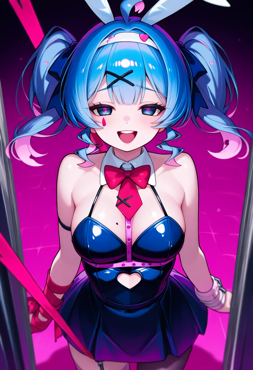official art, masterpiece, sharp focus,Delicate and beautiful hair and eyes and face, realistic, ultra detailed, beautiful girl, blue sky, glow white particle, A single girl with a decora street fashion-inspired look, rocking a crazy harajuku style. She wears legwarmers and big platform shoes, and has her hair styled in adorable two buns. Short hair. The scene is set at nighttime, hairpins, accesories, bunny ears with pattern inside, striped, long socks, pale skin, hair ornament, epic scenery, , decora accessories like hairclips. She embodies the vibrant and trendy Harajuku fashion style, yellow eyes, yellow horns, light blue hair in two bun, grown woman, adult, big boobs, big lips, blush on cheeks, curvy, sexy, pink fishnets, bows ,pink choker, fluffy and warm style, cute stickers, tattoos, clips, loads of clips maximalist