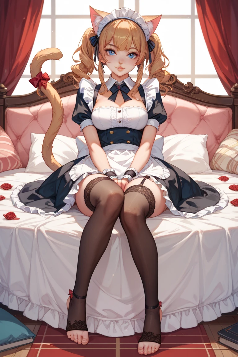 1 girl playing with a cat、Maid、Cat ears、tails、ruffle socks that are originally open、puffy lips、toeless legwear、cross lace legwear、masterpiece、Highest Quality