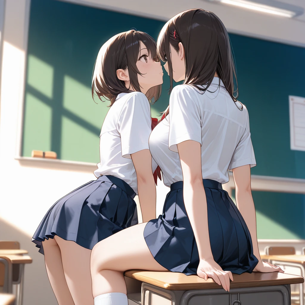 Masterpiece, Top Quality, (2 Girls: 1.5), Medium Hair, Light Brown Hair, Slender Body, (Small Breasts), School Girl, (Blush, Sweat), Classroom, Floor, (Wet Scene: 1.2), (Evening: 1.2), In Underwear, (Kiss: 1.4), (Heavy Kissing), Lesbian Kissing Scene, (Closed Eyes, Delicate Lashes ), body touching, knees open, (white bra, lace panties),. 