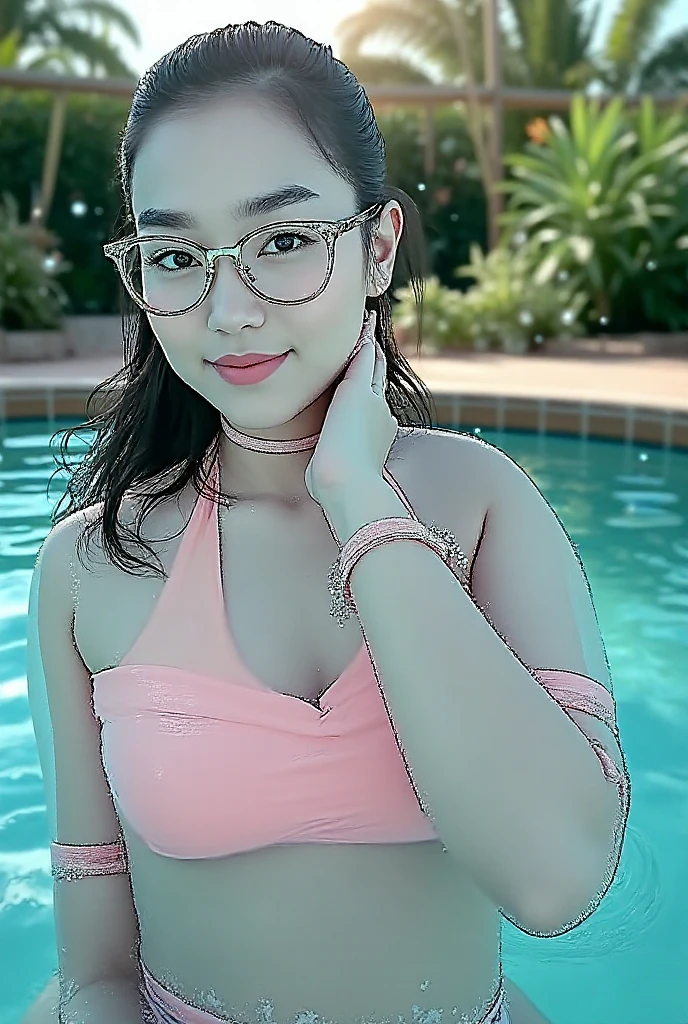 Freya Jayawardana, short hair, glasses, red pink lips, naughty smile, bikini, at pool