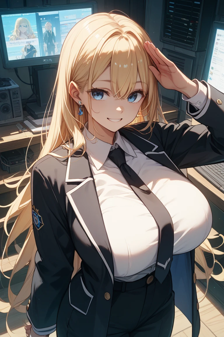 (masterpiece, best quality) ,(high resolution,weak outline),(textile shading) ,BREAK ((1girl)), BREAK (breast cleavage), ((large breasts:2.0, visible tits)), BREAK ((beautiful eyes, yellow eyes)), BREAK short hair, ((blond hair)) ,BREAK((seductive smile, blushing)), BREAK ((looking_at_viewer)), BREAK ((standing)), presenting breasts, ((showing tits)), ((in commander room)), ((pov)), ((wears hat)), ((thicc tights)),