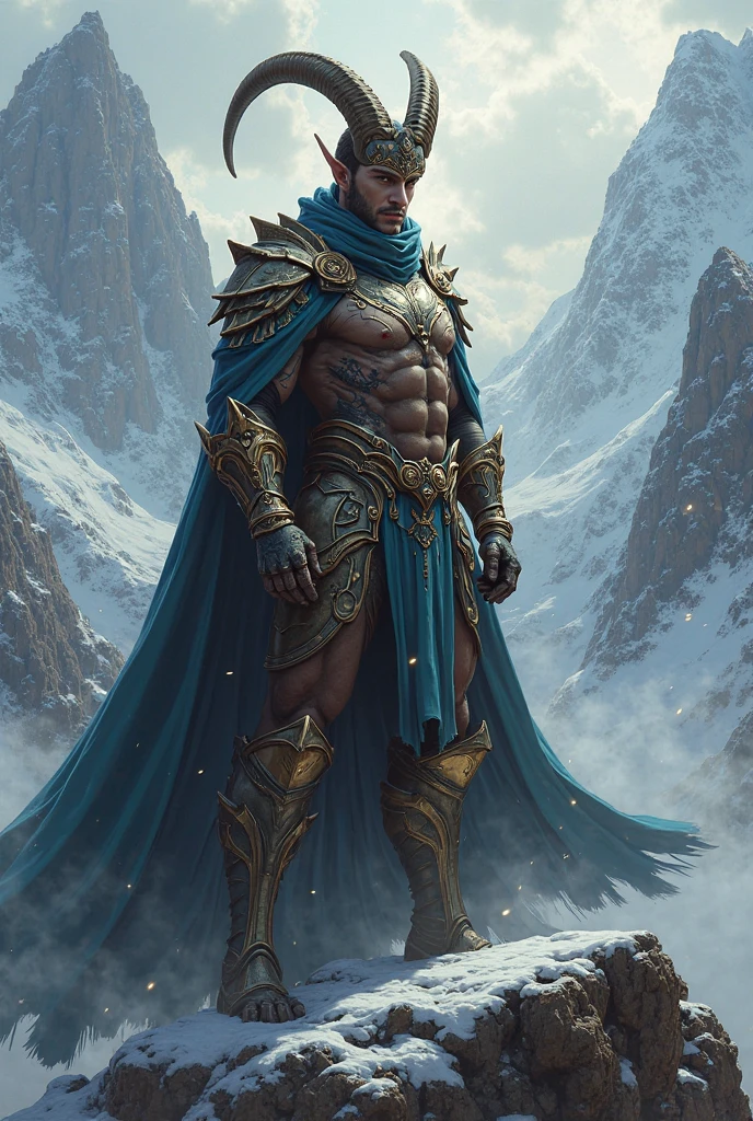 full Body photorealistic Illustration a a very handsome and sexyness man, he is a wizard, he has deep blue eyes, very nice abs, he wears an opened dark blue cloak with a large hood over his shirtless chest, skimpy thong underwear super massive bulge magic swirls, white fog