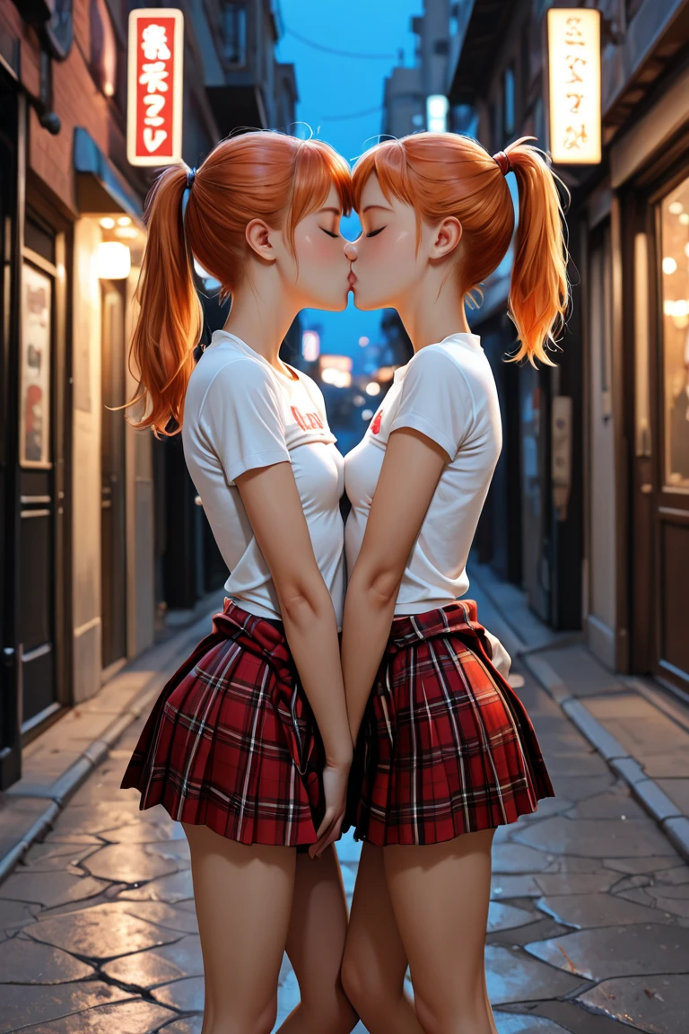 2 girls, kiss, twins, garter and stocking white, gingers, standing, kissing,holding other breast, in a classroom, naked, teen, C boobs, tiny waist,