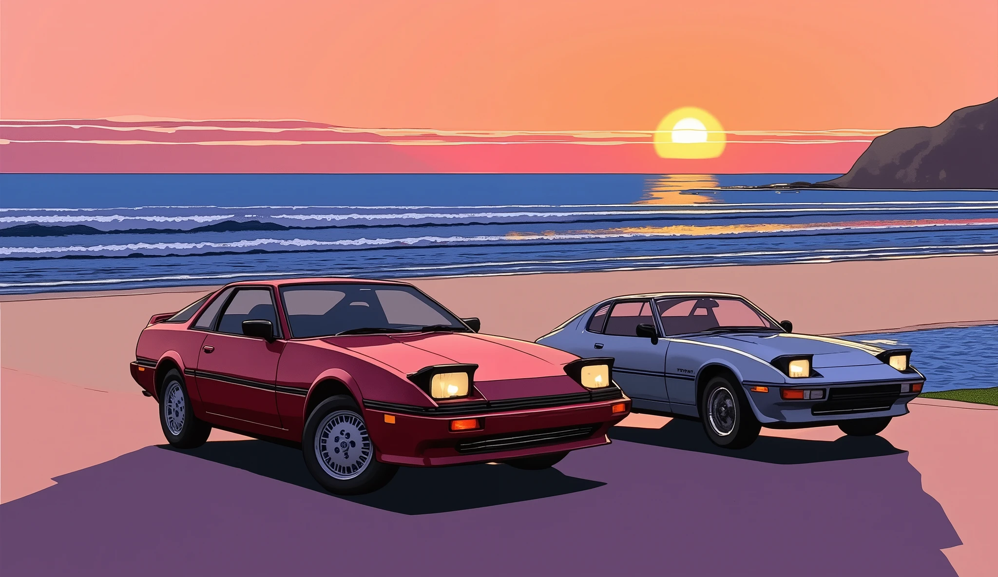 evening、sunset、Coastline、1980s、maroon supra、3000GT、Gloss、sense of speed