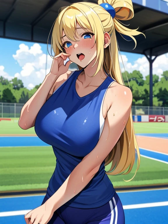 masterpiece, best quality, highly detailed, ultra high res, ayase arisa, 1girl, solo, blue eyes, hair ornament, blonde hair, long hair, looking at viewer, glossy lips, light smile, cheerleader, midriff, cleavage, grass, sitting, (knees bent), nice booty, freckles, cute, popular, makup